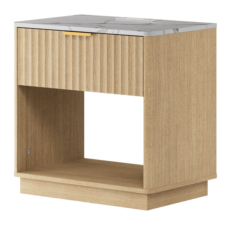 Seyla 23.6''W Fluted 1-Drawer Nightstand With Open Cubby, Wood Nightstand With Built-in Outlets (set Of 2), Natural Oak