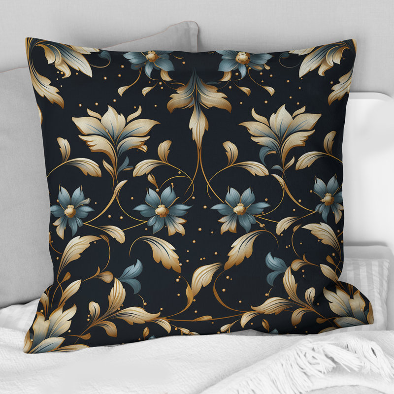 Motif de fleurs bleues et dorées luxueuses - Abstrait corail multicolore abstrait - Coussin décoratif, H 16 po x l 16 po