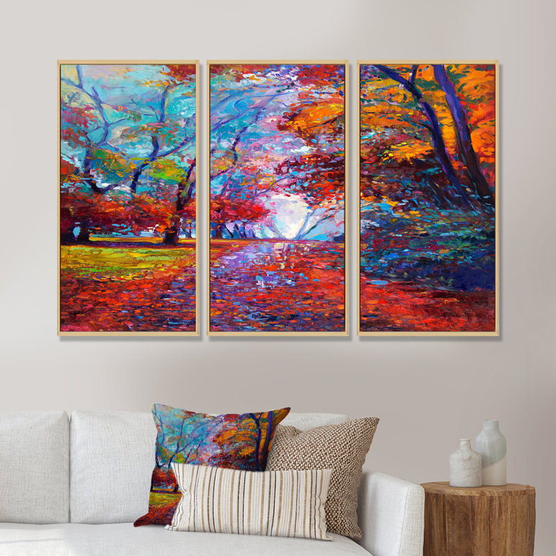 «Little Road Through Red Autumn Landscape», peinture sur toile 3 pièces, H 28 po x l 36 po x P 1 po, Brun
