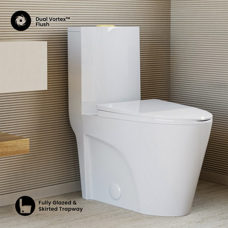 St. Tropez One-Piece Elongated Toilet Collection, Top, 12", Glossy White + Gold Harware