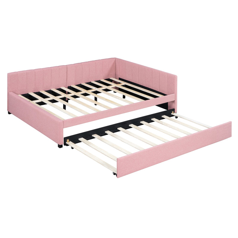 Upholstered Daybed With Trundle, Pink Linen, No Box Spring For An Date Bedroom Trundle - Linen, Pink