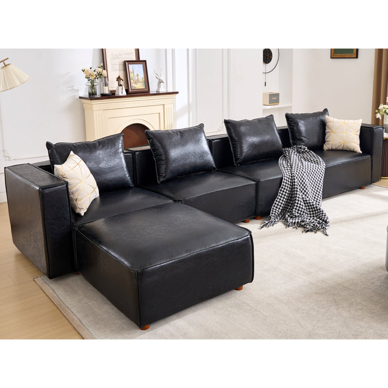 5-Piece 152.76” Wide Leather Upholstered Sectional Sofa, Black Leather