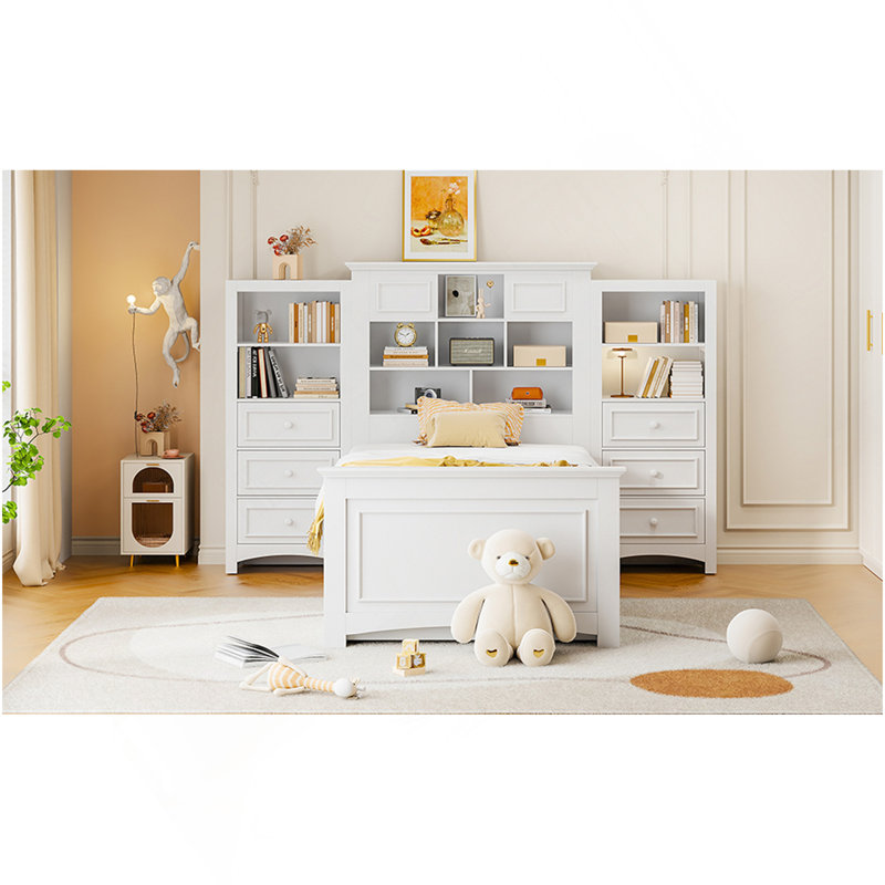 Lit plateforme simple avec armoire verticale tout-en-un et 4 tiroirs de chaque côté, blanc