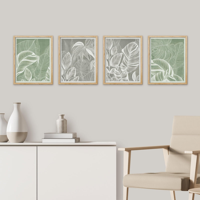 "Watercolor Botanical Plant Leaves", impression sur papier 4 pièces, Naturel, H 16 po x l 12 po