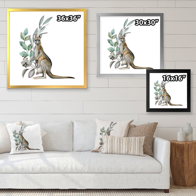Kangourou avec feuilles d'eucalyptus - Peinture sur toile, H 16 po x l 16 po x P 1 po, Cadre photo blanc