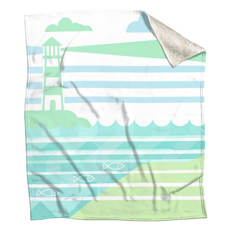 Couvertures illustrées de paysages marins avec phare, 60in W x 80in H, Bleu sarcelle clair / menthe et vert