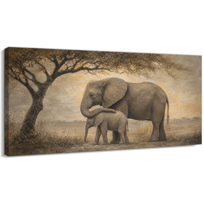  Grand éléphant, adulte et veau sous un acacia | Paire d'éléphants tendres sous un acacia dans des tons de terre doux pour les salles familiales, les chambres à coucher, les chambres de bébé ou les bureaux 16 po x 32 po
