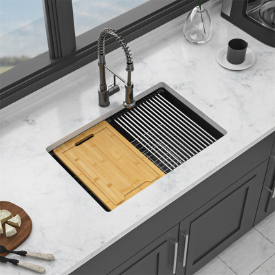 Quartz Kitchen Sink - 28" X 19" X 9.65" Black Granite Composite Workstation Undermount Kitchen Sink