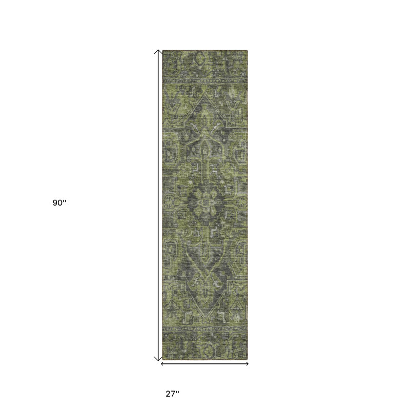 8' Runner Moss Green and Gray Oriental Washable Non Skid Indoor Outdoor Runner Rug