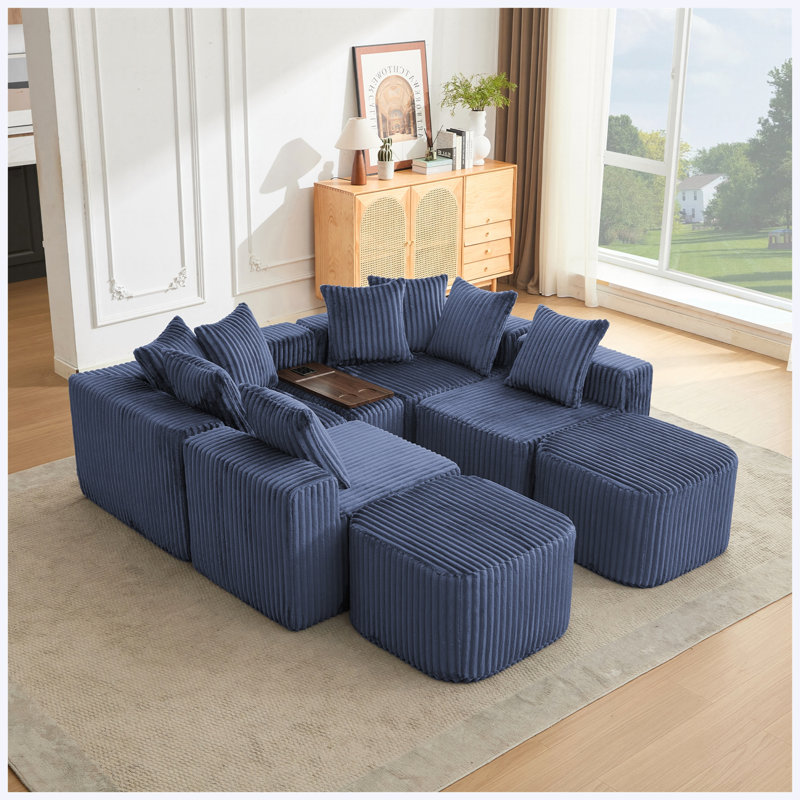 Canapé modulaire surdimensionné en forme de U de 137,5 po avec chargement USB / sans fil, table basse, porte-gobelets et repose-pieds mobile, canapé en velours côtelé 6 places, bleu