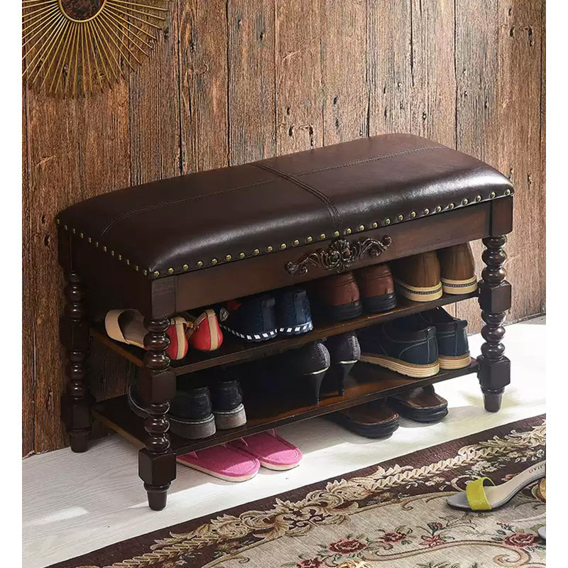 Vintage Solid Wood Carved Flip-Top Shoe Storage Bench
