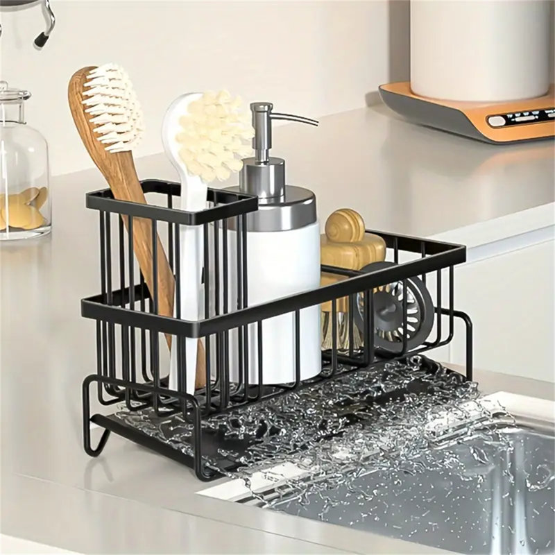 Large Capacity Metal Kitchen Sink Caddy - 1pc Sponge Holder With Auto Draining Tray & Brush Holder - Dish Soap Dispenser Storage, Kitchen Accessories, Home Essentials
