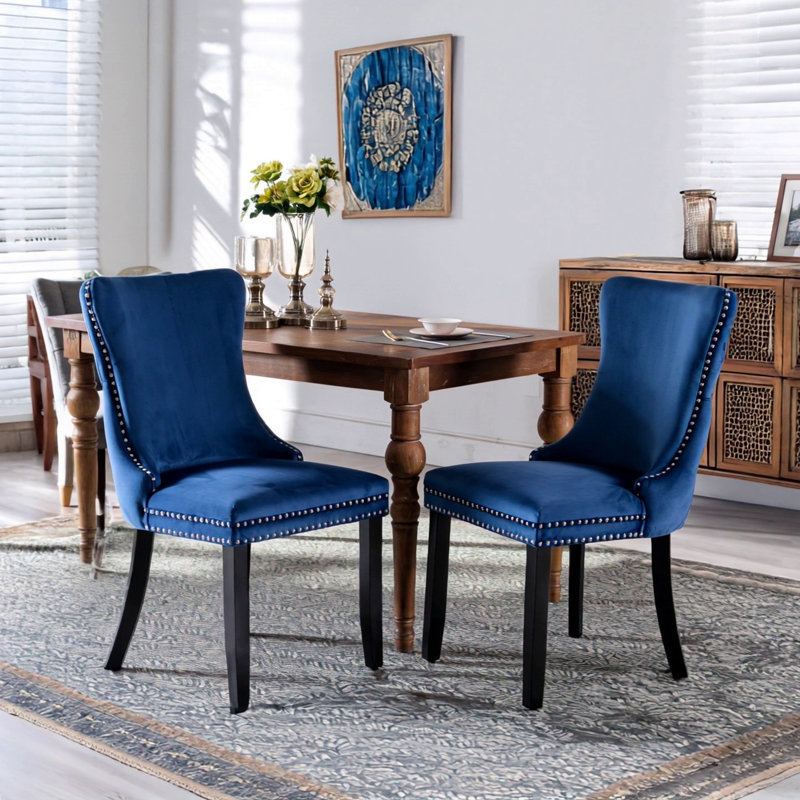 Upholstered Wing-Back Dining Chair With Backstitching Nailhead Trim And Solid Wood Legs, Blue Velvet