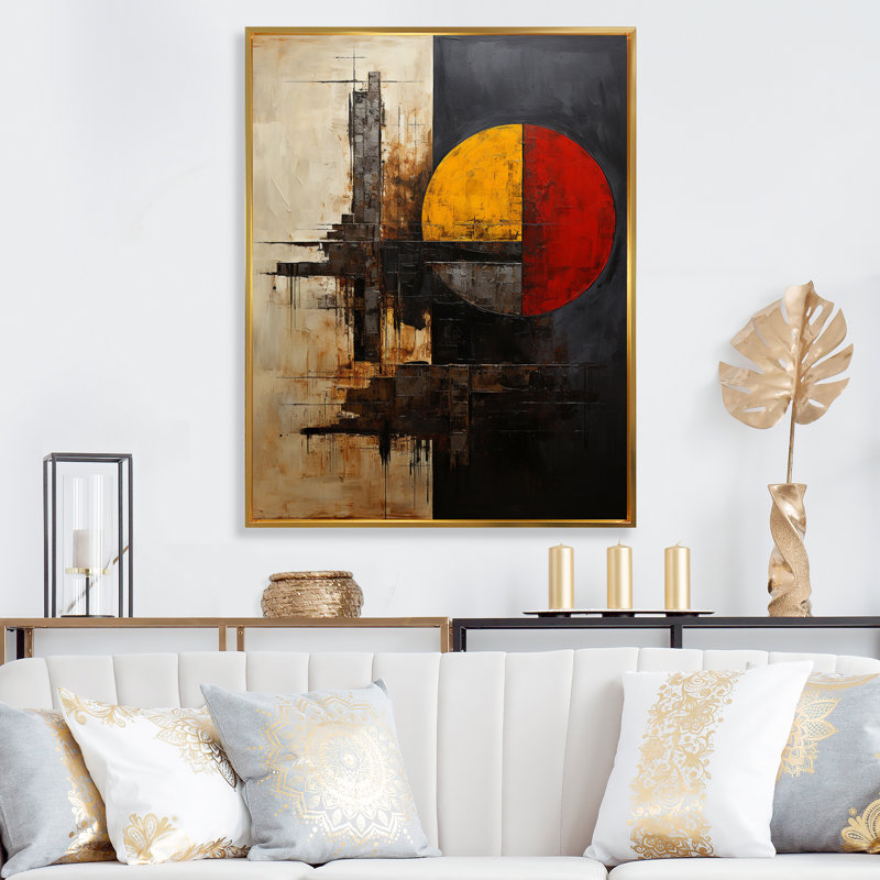 Belge avec impression géométrique sur toile, H 32 po x l 24 po, Cadre flottant doré