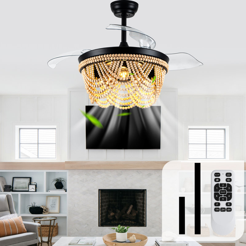 42" Farmhouse 3-Light Boho Wood Bead Ceiling Fan with Lights and Remote Control