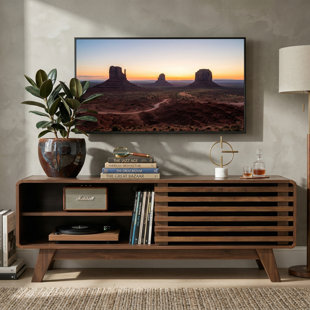 Mid-Century Modern 46-Inch Walnut TV Stand with Slatted Sliding Door and Storage Media Console Entertainment Center for Living Room