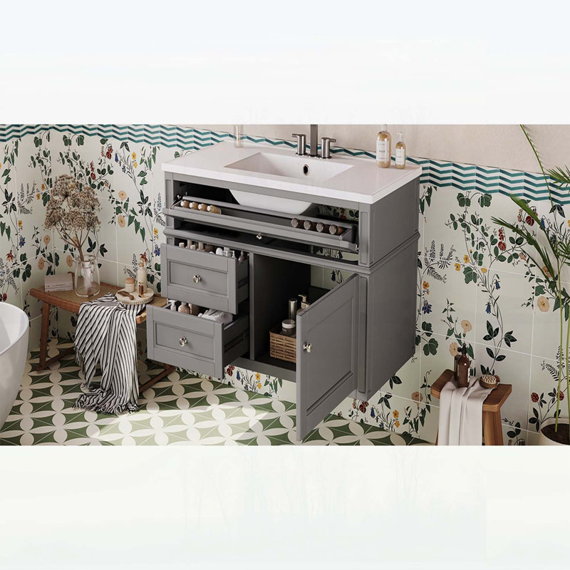 Meuble-lavabo mural 36 po avec 2 tiroirs, tiroir escamotable, lavabo simple en céramique et conception flottante moderne