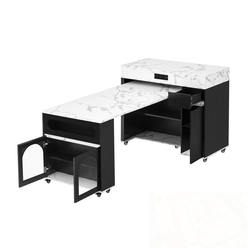 Îlot de cuisine avec plateau pliable extra-long et 2 portes en verre, Noir