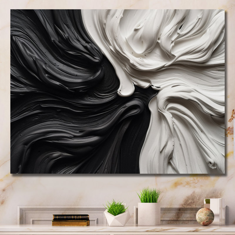 Noir et blanc marbré Dreamscape IV - art mural abstrait géométrique, H 16 po x l 32 po, Toile tendue, Sans cadre
