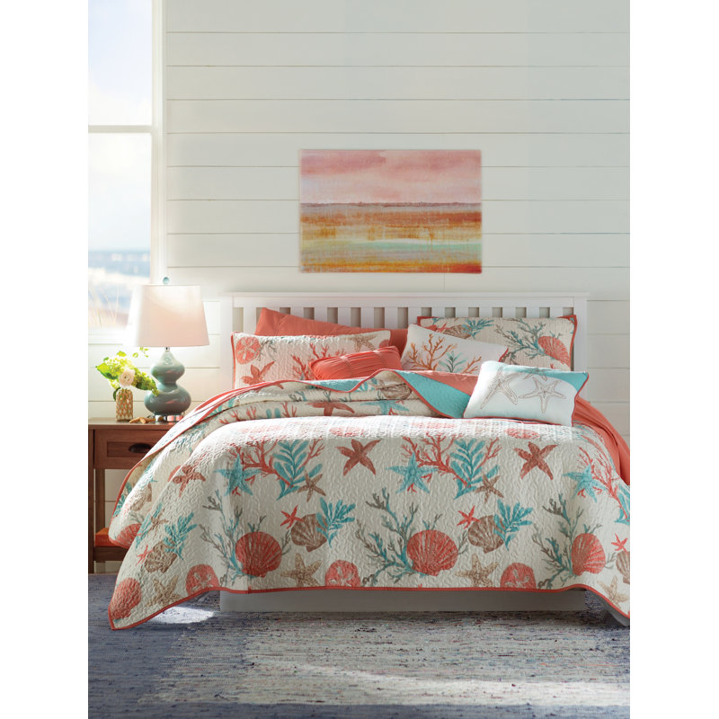 Aqua Blue Cotton Reversible Coastal Quilt Set, Full