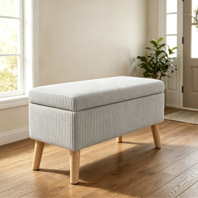 Banc de rangement avec repose-pieds, banc moderne en velours côtelé beige 32 pouces