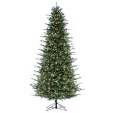 Vickerman 9.5' x 60" Slim Itasca Fraser Fir Artificial Pre-Lit Christmas Tree with 1050 Warm White LED Mini Lights, 3076 Realistic PE/PVC Tips, 6' Step On/Off Power Cord and Folding Metal Tree Stand. Assembly is required.