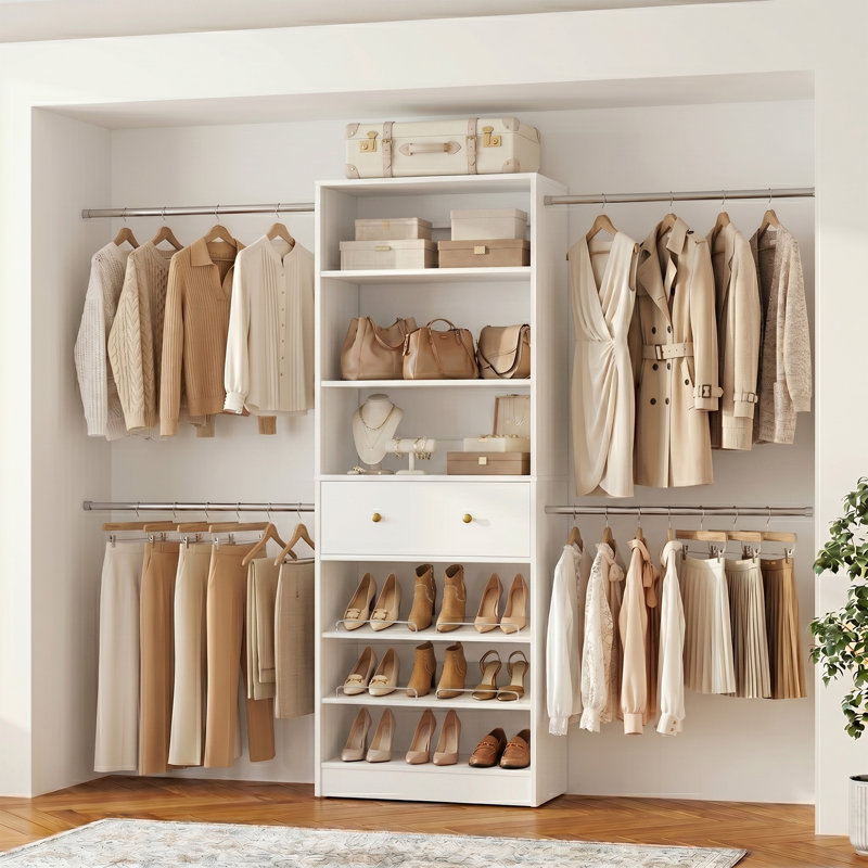 23.5 - 117.7'' W Closet System with Wooden Drawer and Hanging Rods, White