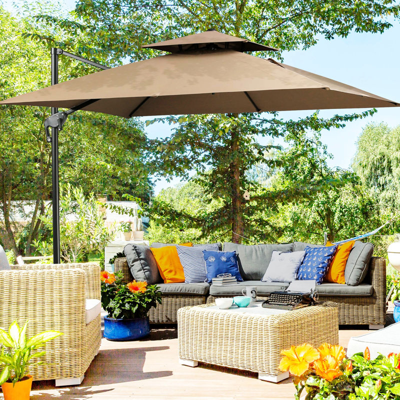 Patio Offset Umbrella Base, 360-Degree Rotatable, Double-Top, 8 Ribs, Simple Tilt Feature, Crank, Coffee With 360 Rotation, Double-Top Construction, Easy Tilt,
