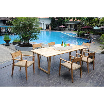  Ensemble de salle à manger 7 pièces en bois de teck de qualité A: table rectangulaire 98 "et fauteuils empilables Amilo # 11AM3206
