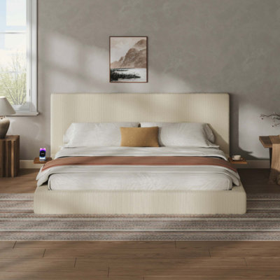 Bed Frame with Adjustable Sliding Side Table, 8.7'' Cloud Upholstered Corduroy​ Sponge Cushion, Easy Assembly