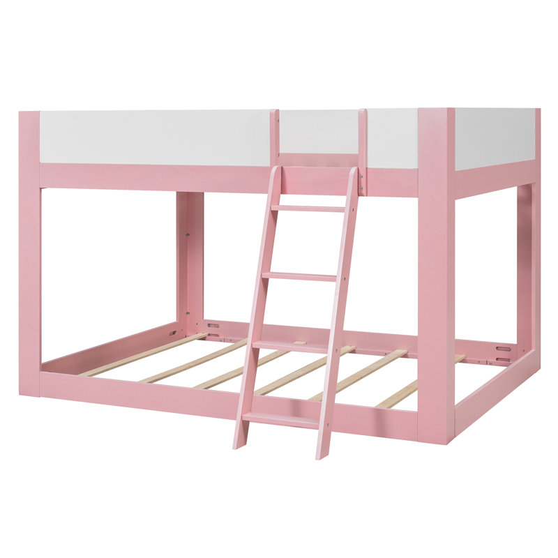 Lit superposé en bois avec échelle réversible, garde-corps et lattes, Twin, Rose / blanc