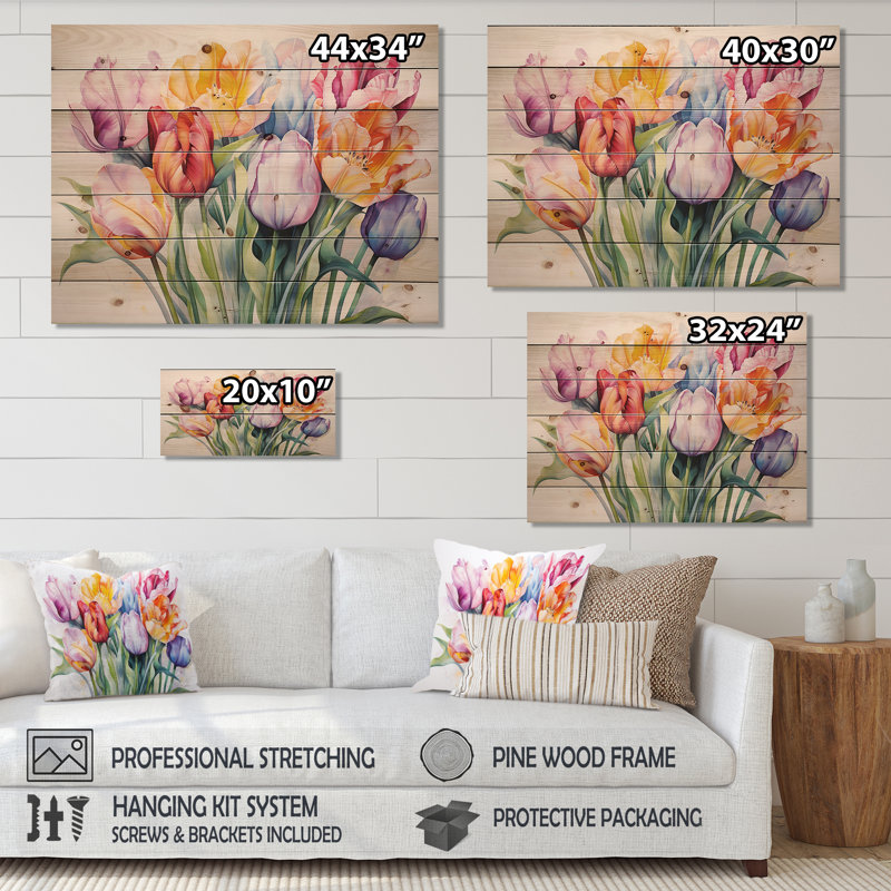 Painted Multicolor Tulips Collage - Tulips Wood Panel Wall Art On Natural Pine Wood, 10" H x 20" W