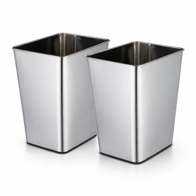 Home Zone Living 3 Gallon Stainless Steel Rectangular Open Top Wastebasket, Silver Bathroom and Office Trash Can (2-Pack) with Trash Bags