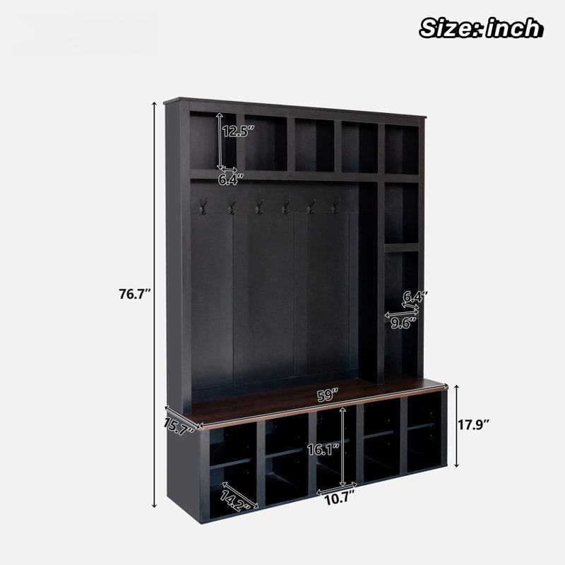 Farmhouse Wooden Hall Tree With Coat Rack, Sitting Bench, Display Shelves And 13 Cubbies, Black
