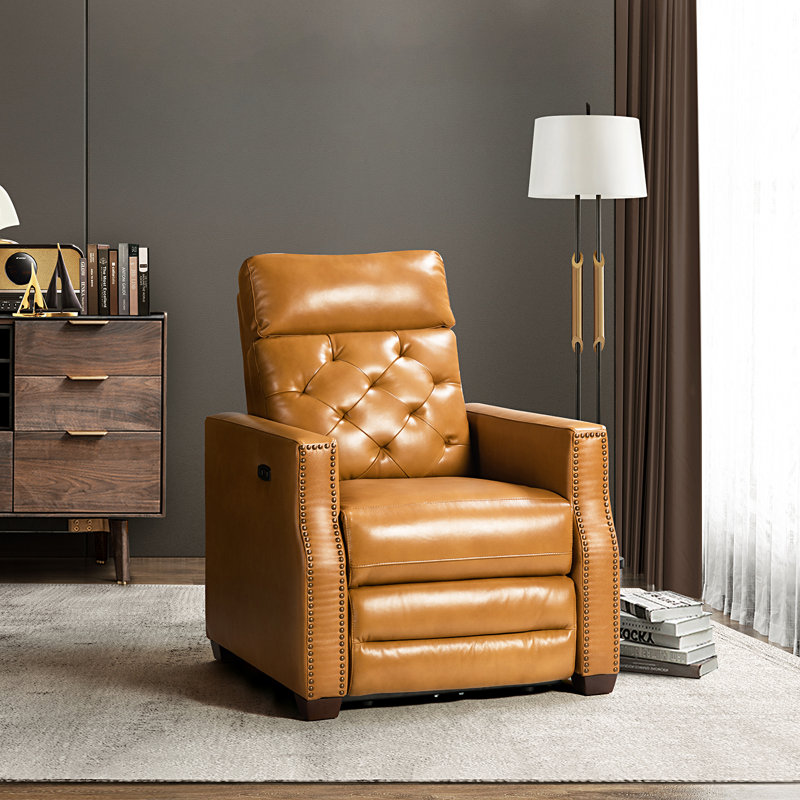 Gumesindo 31.50" Wide Genuine Leather Power Recliner, Camel Genuine Leather