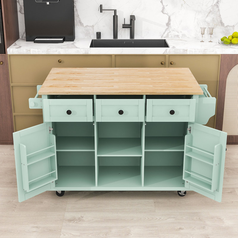 Modern Rolling Wooden Kitchen Cart with Storage Cabinets, Drawers and Drop-Leaf, Mint Green