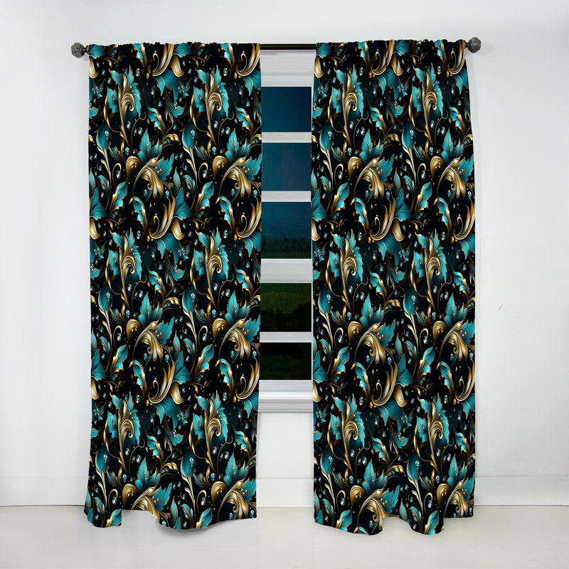 Gold And Green Luxury Damask Pattern III - Glam Velvet Curtain - Room Darkening - 1 Panel, 52" W x 108" L