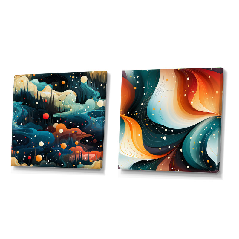 Cosmic Harmony - ensemble de 2 collages carrés abstraits, Toile tendue, H 16 po x l 33 po