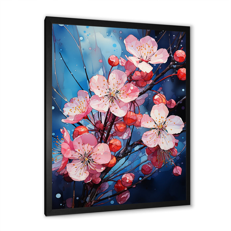 Fleur de pommier cubiste Fusion III - impression d'art mural floral, Cadre d'angle fermé noir, H 20 po x l 12 po x P 2 po