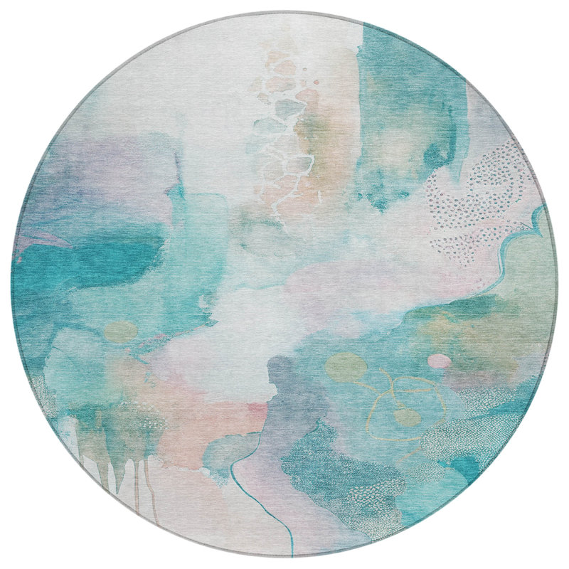 Tapis turquoise intérieur / extérieur lavable à la machine, Rond 8 pi