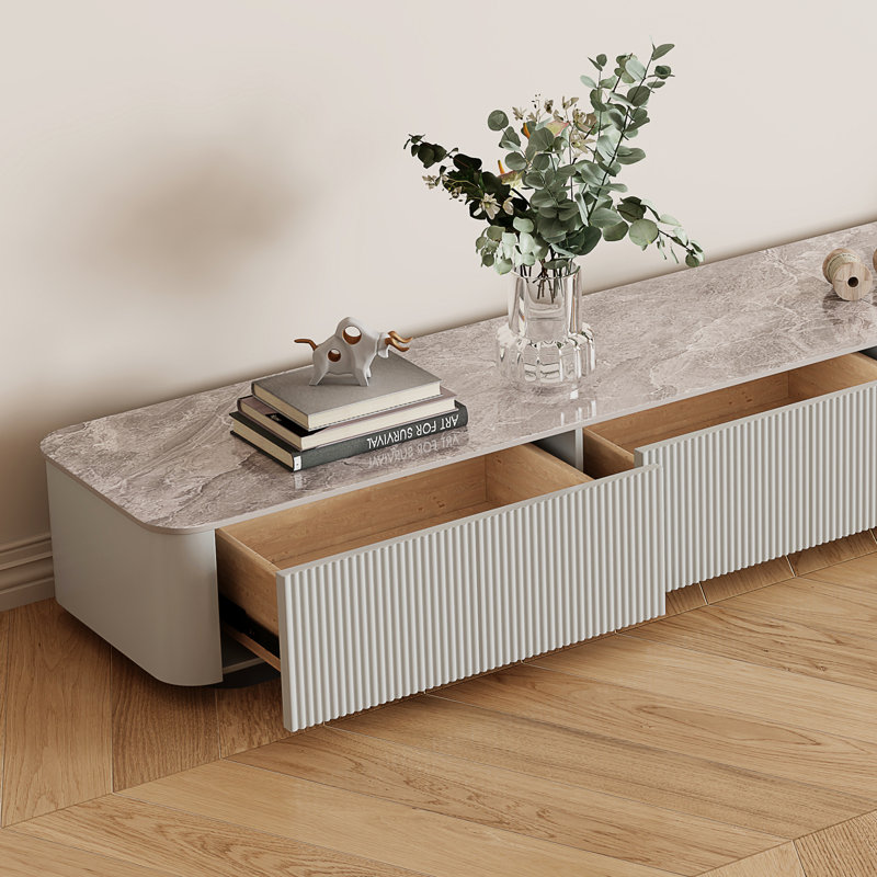 Delorme 95" Modern TV Stands,Glossy Sintered Stone Top,Gray,4 Drawers