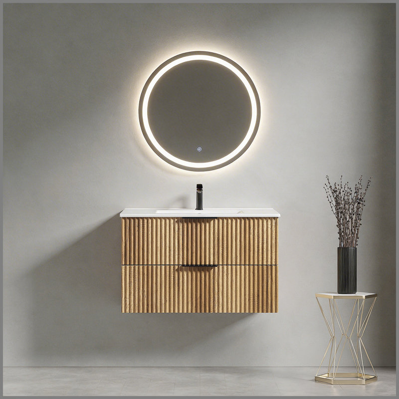 Meuble-lavabo mural 36 po avec panneau cannelé 3D et lavabo intégré en céramique, 36"