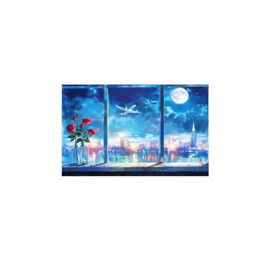 "Blue Trendy Night Urban", art floral sur toile rose dans un vase et avion - 12 X 18 pouces