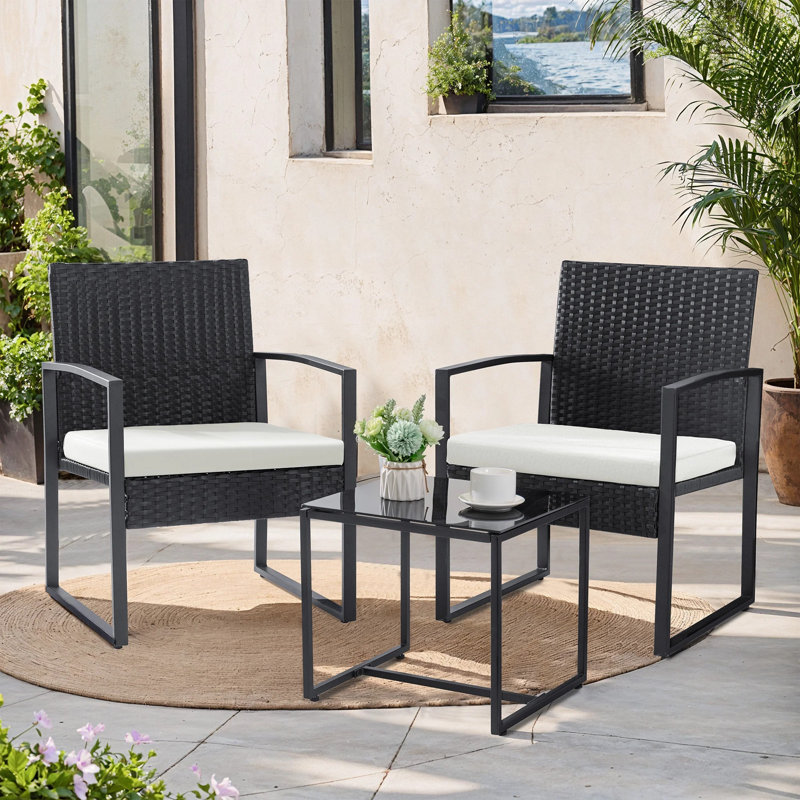Beoll 3 Pieces Patio Bistro Sets Outdoor Wicker Furniture Sets Modern Rattan Chair Conversation Sets with Coffee Table for Yard and Bistro