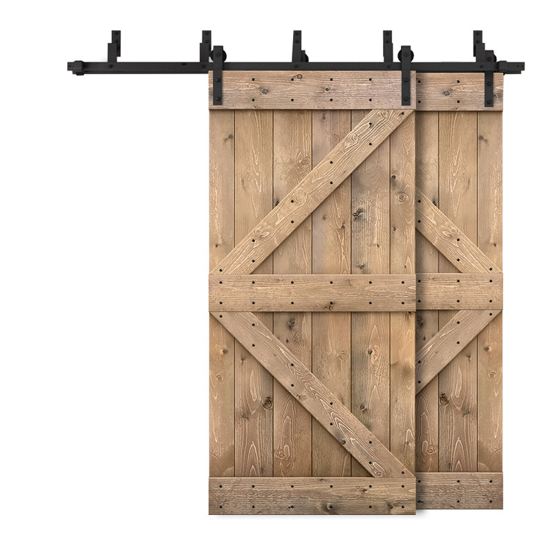 Porte de grange à panneaux et en bois avec quincaillerie d'installation, 88 po x 84 po, Brun clair