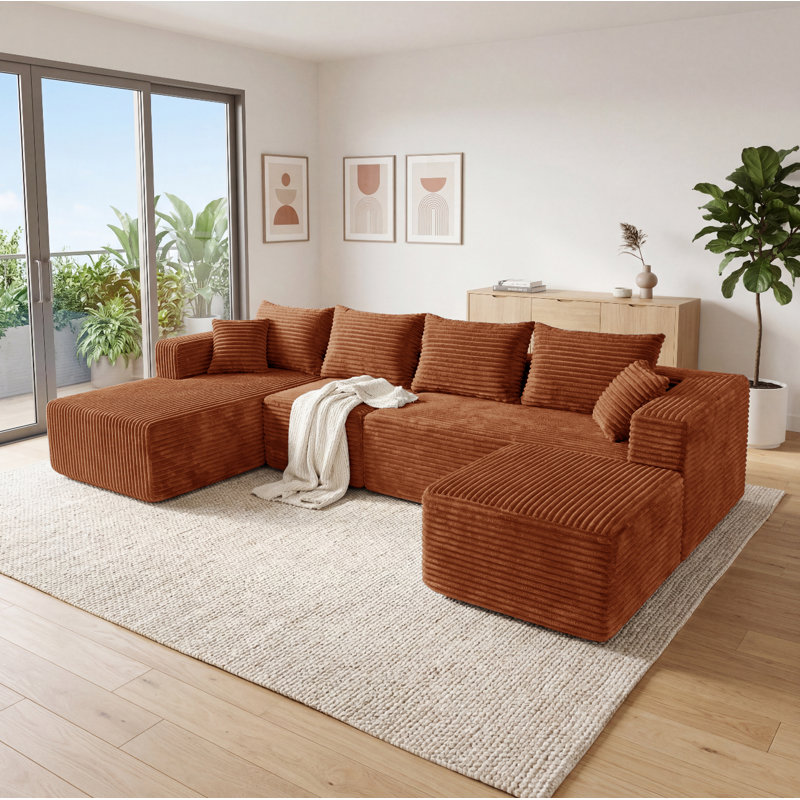 Canapé d'angle modulaire en flanelle de 276 cm (108,66 po), livré en rouleau avec 5 coussins, aucun assemblage requis, orange