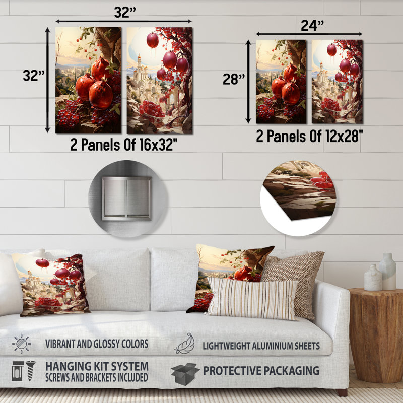 Mystic Maroon Pomegranate I - fruits, ensemble de 3 impressions sur métal, H 28 po x l 24 po