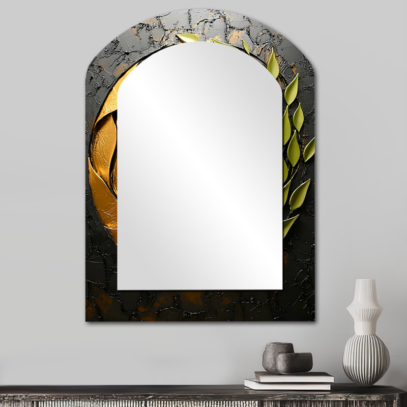 Vert et noir Botanical Balance III - Grand miroir mural arqué sur métal, 34 po x 25 po
