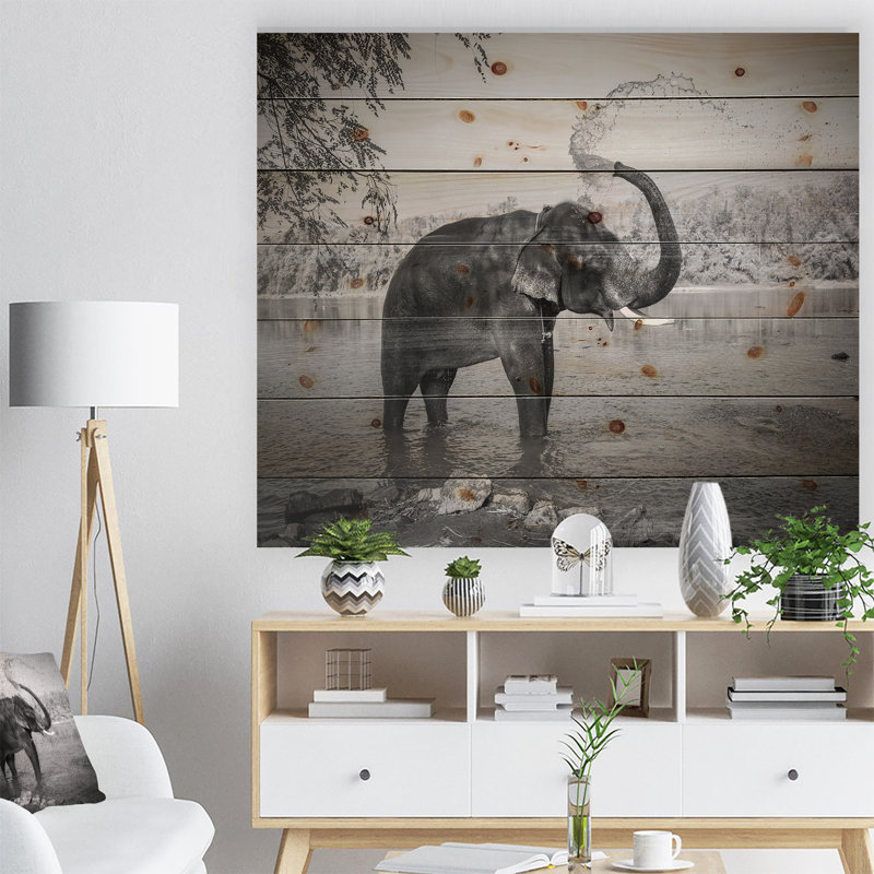 «Elephant Bathing», impression sur bois sans cadre, H 16 po x l 32 po x P 1 po