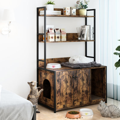 Grand bac à litière pour chat avec tablette et bloc-notes, niche intérieure robuste, salle de bain cachée, 2 portes, armoire brune, abri de rangement pour lavabo, portes,